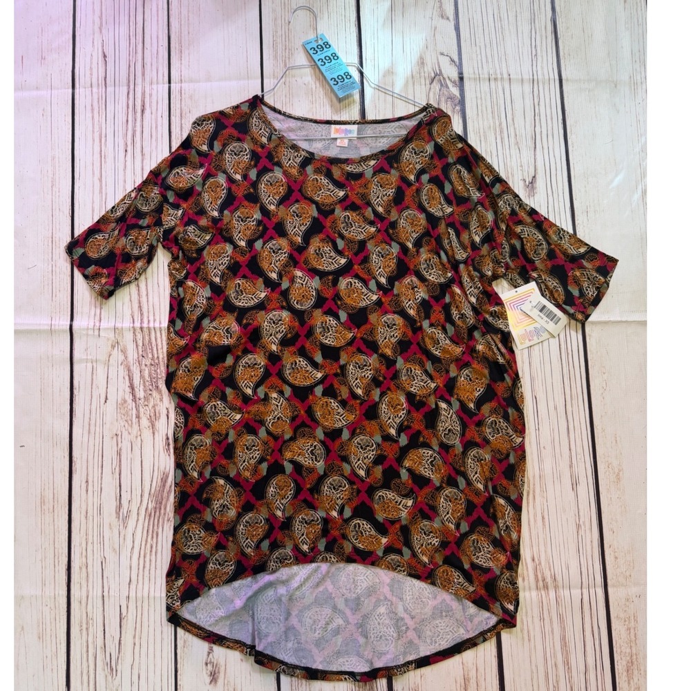 LuLaRoe Irma Tunic Top XS Pink Orange Paisley Geometric High Low Short SleeveNWT